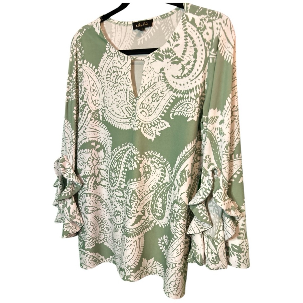 Melissa Paige Sage Green and White Paisley Ruffle Sleeve Blouse